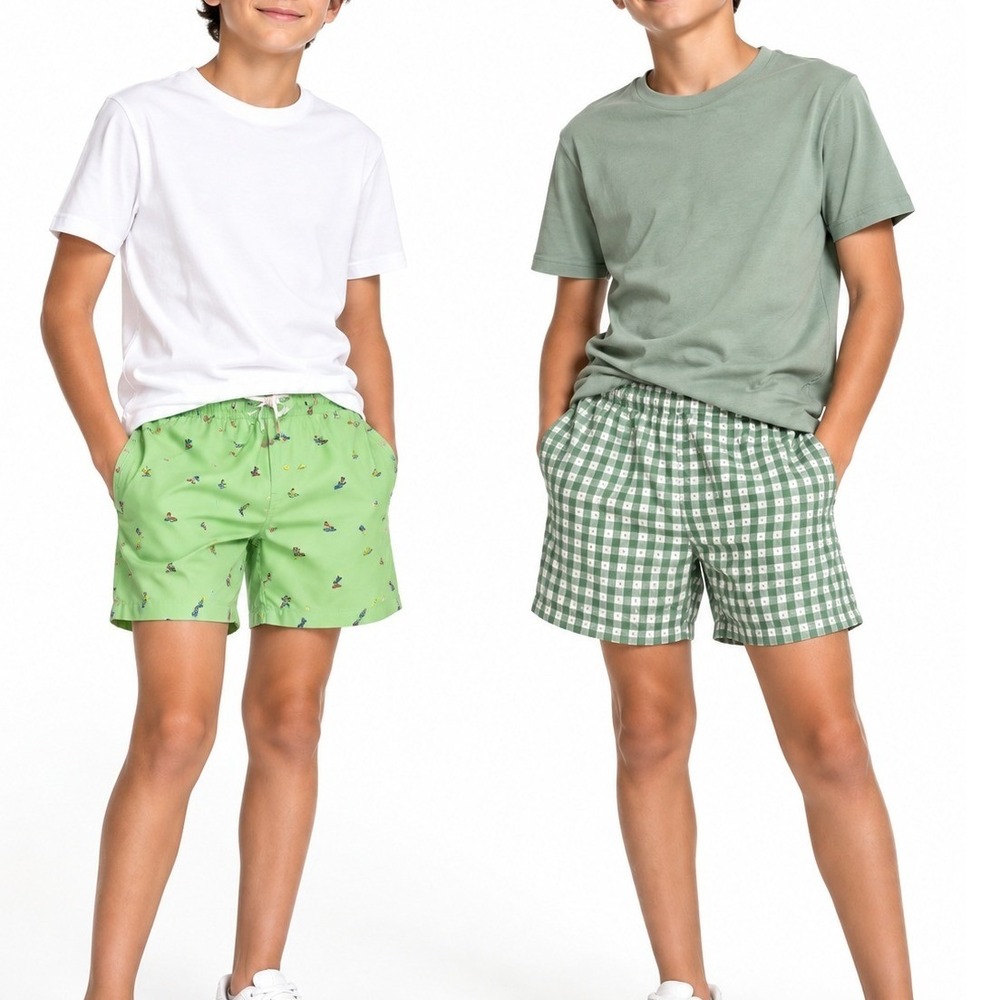 Zara Kids Boys 2-Pack Shorts Green Size 13-14 Printed Gingham Elastic Waist
